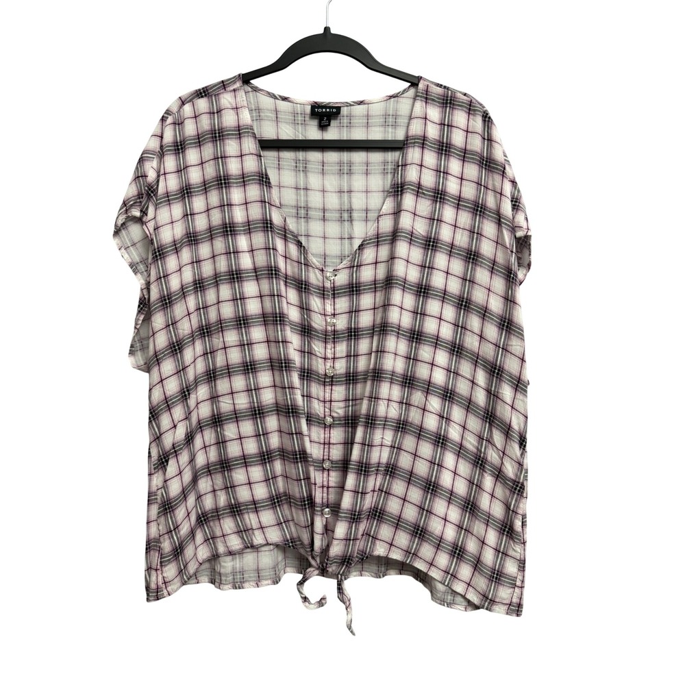Torrid Plaid Button Front Tie Hem Top Purple Black White Rayon Plus Size 2 2X